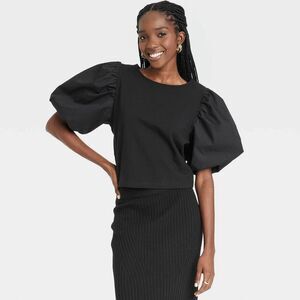 A New Day Puffy Sleeve Top Black Medium Recycled Cotton Blend Statement Blouse